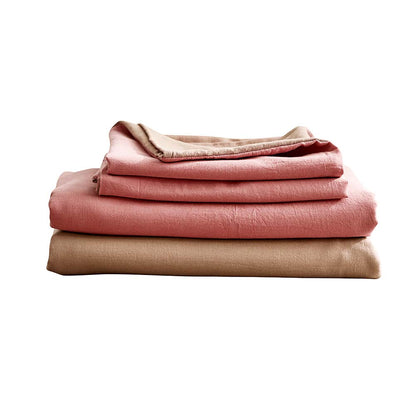 Cosy Club Washed Cotton Sheet Set Pink Brown Single-Bed Sheets-PEROZ Accessories