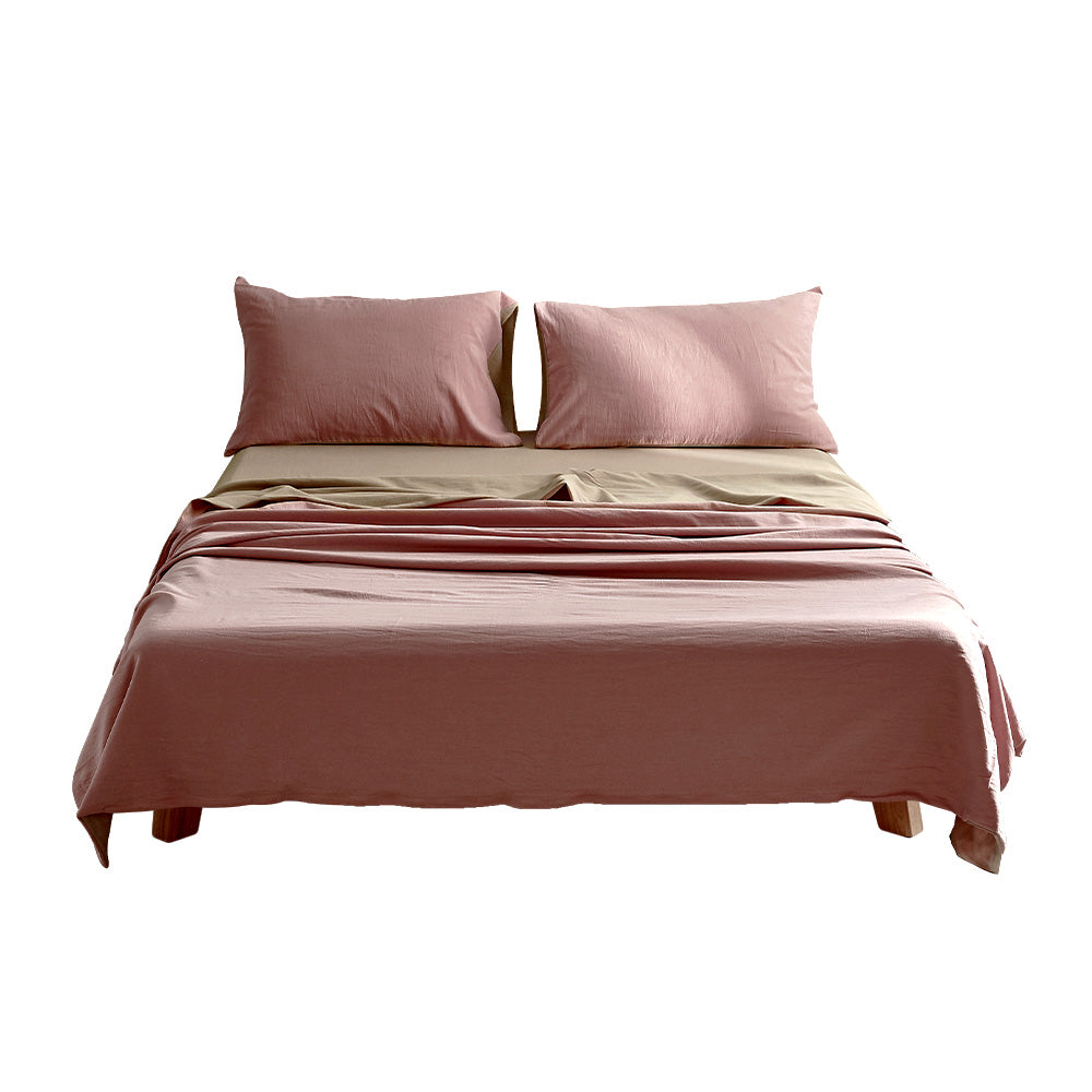 Cosy Club Washed Cotton Sheet Set Pink Brown Single-Bed Sheets-PEROZ Accessories