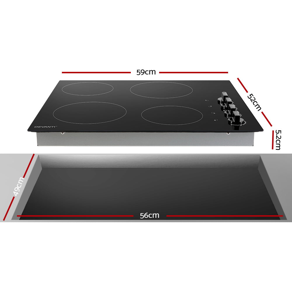 Devanti Ceramic Cooktop 60cm Electric Kitchen Burner Cooker 4 Zone Knobs Control-Appliances &gt; Kitchen Appliances-PEROZ Accessories