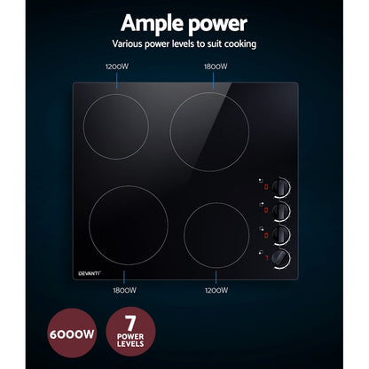 Devanti Ceramic Cooktop 60cm Electric Kitchen Burner Cooker 4 Zone Knobs Control-Appliances &gt; Kitchen Appliances-PEROZ Accessories