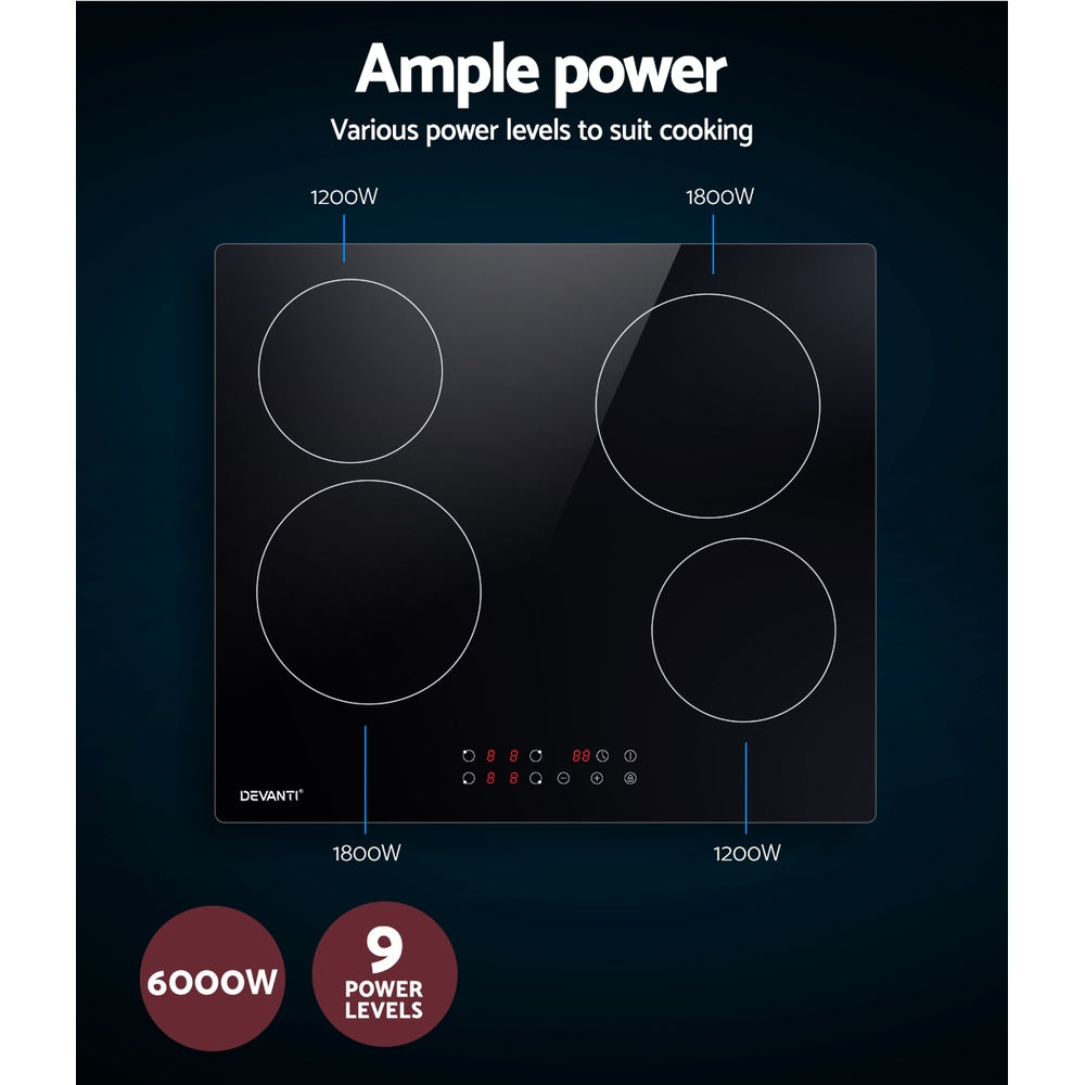 Devanti Ceramic Cooktop 60cm Electric Cooker 4 Burner Stove Hob Touch Control-Appliances &gt; Kitchen Appliances-PEROZ Accessories