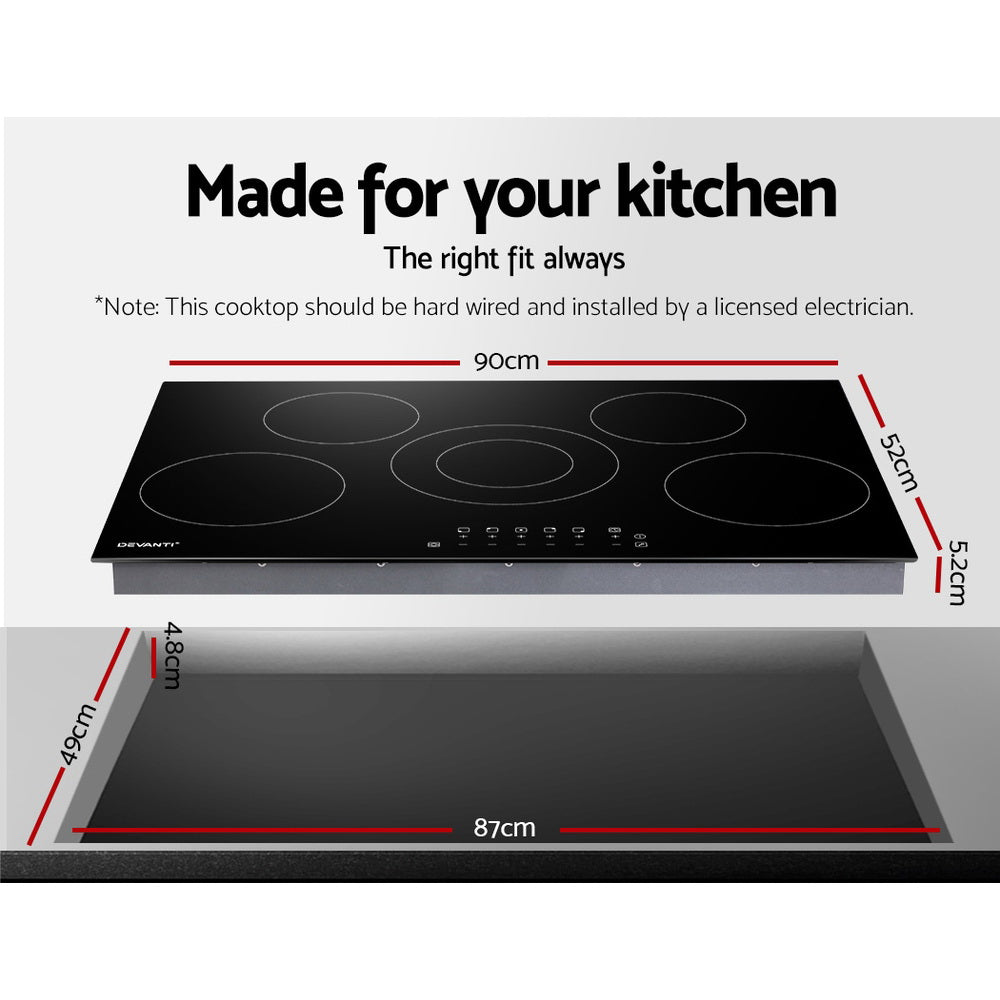 Devanti 90cm Ceramic Cooktop Electric Cook Top 5 Burner Stove Hob Touch Control 6-Zones-Appliances &gt; Kitchen Appliances-PEROZ Accessories