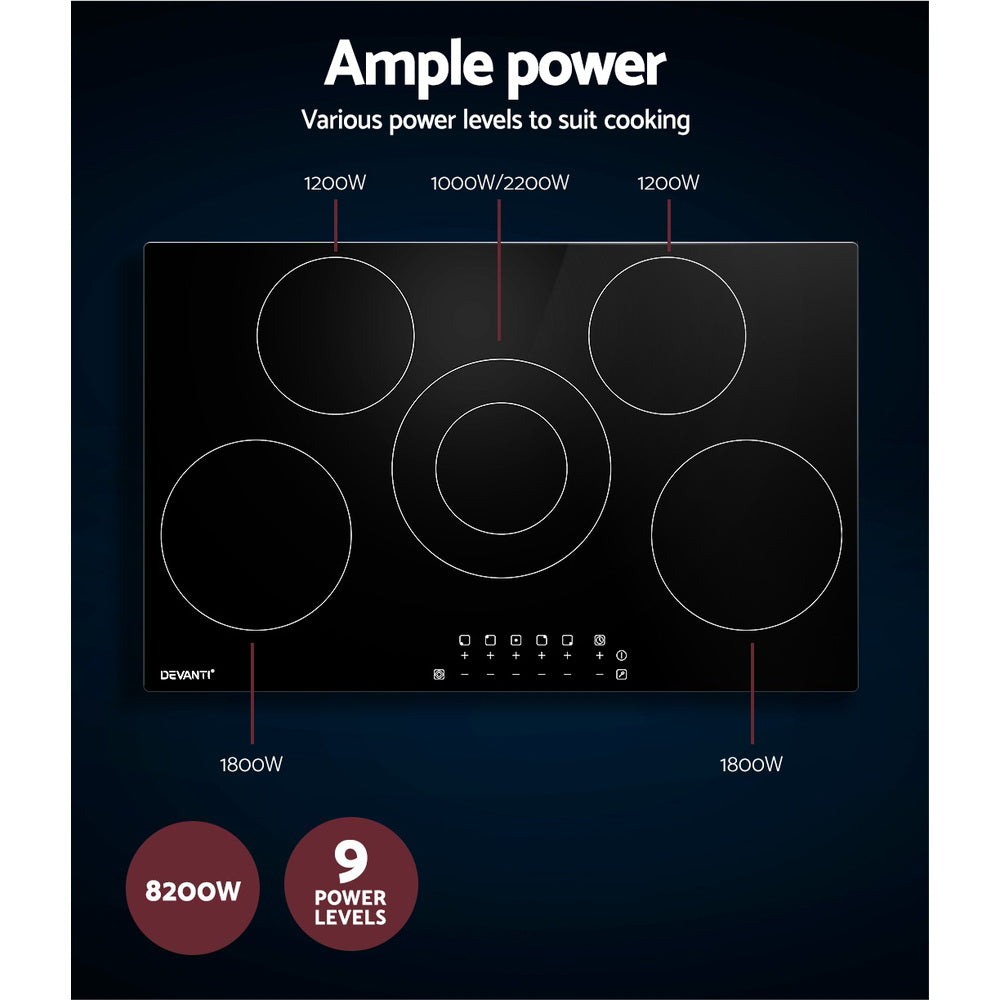 Devanti 90cm Ceramic Cooktop Electric Cook Top 5 Burner Stove Hob Touch Control 6-Zones-Appliances &gt; Kitchen Appliances-PEROZ Accessories
