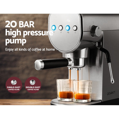 Devanti Coffee Machine Espresso Maker 20 Bar Milk Frother Cappuccino Latte Cafe-Appliances &gt; Kitchen Appliances-PEROZ Accessories