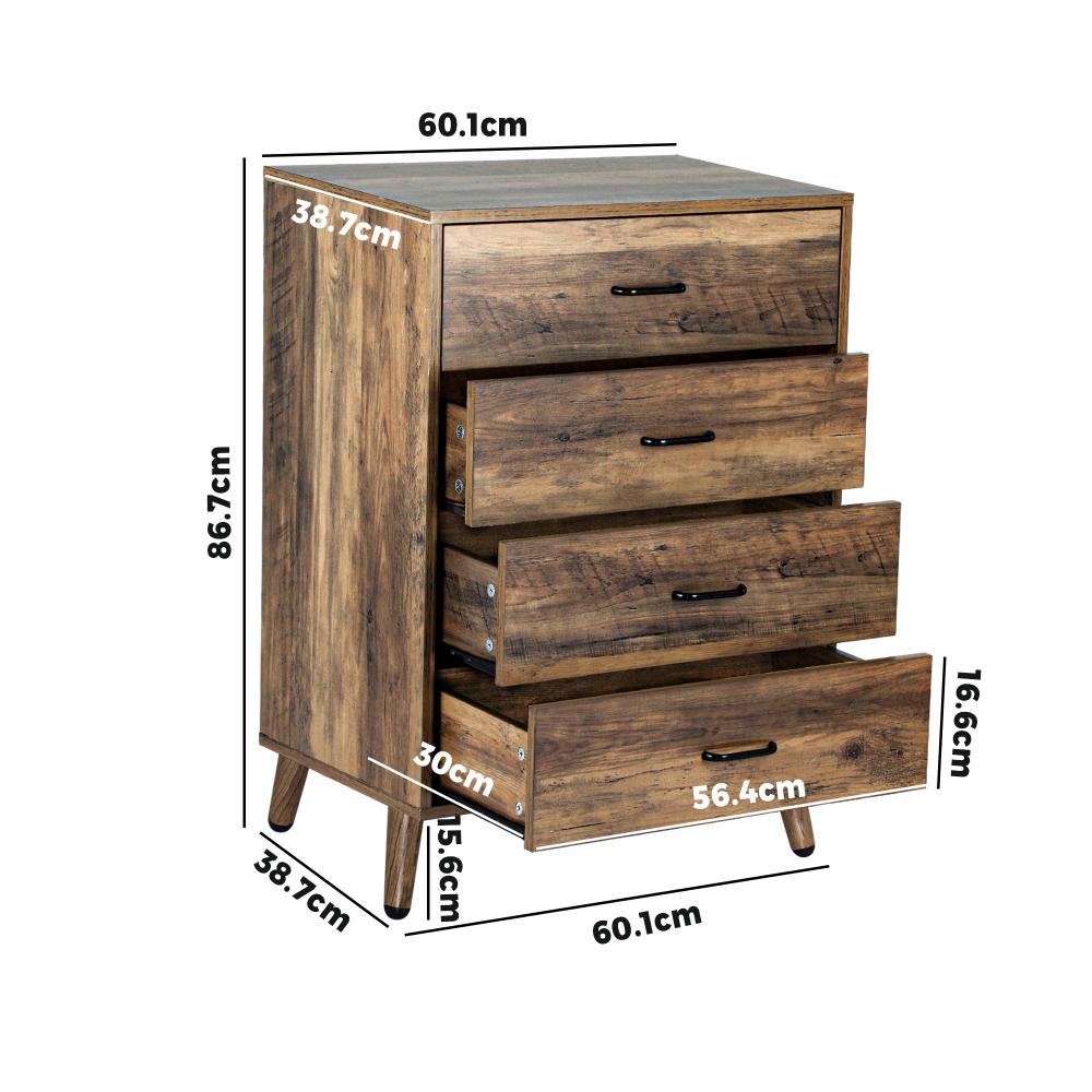 Oikiture 4 Chest of Drawers Storage Cabinet Tallboy Dresser Industrial Furniture-Chest of Drawers-PEROZ Accessories