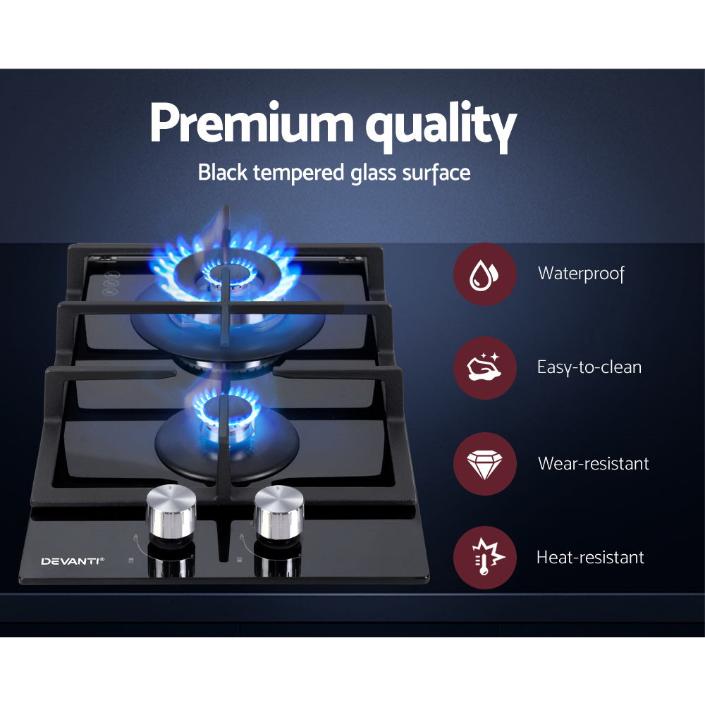 Devanti Gas Cooktop 30cm Gas Stove Cooker 2 Burner Cook Top Konbs NG LPG Black-Appliances &gt; Kitchen Appliances-PEROZ Accessories
