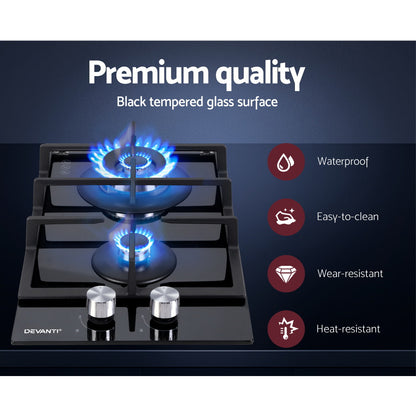 Devanti Gas Cooktop 30cm Gas Stove Cooker 2 Burner Cook Top Konbs NG LPG Black-Appliances &gt; Kitchen Appliances-PEROZ Accessories