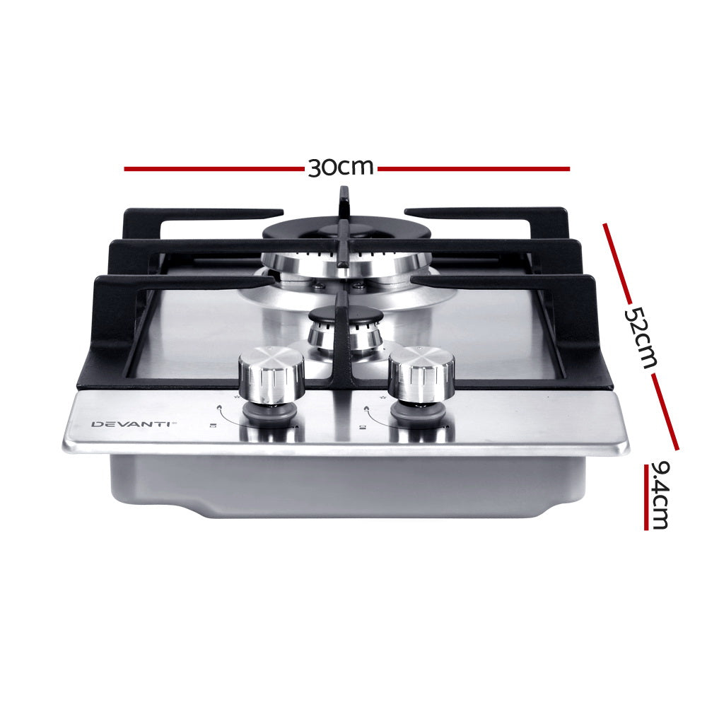Devanti Gas Cooktop 30cm Gas Stove Cooker 2 Burner Cook Top Konbs NG LPG Steel-Appliances &gt; Kitchen Appliances-PEROZ Accessories