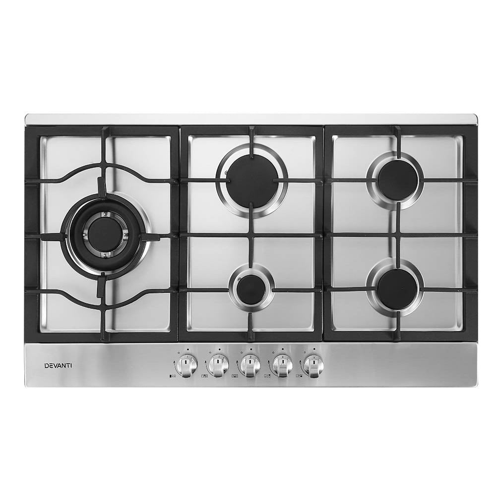 Devanti Gas Cooktop 90cm Kitchen Stove Cooker 5 Burner Stainless Steel NG/LPG Silver-Appliances &gt; Kitchen Appliances-PEROZ Accessories