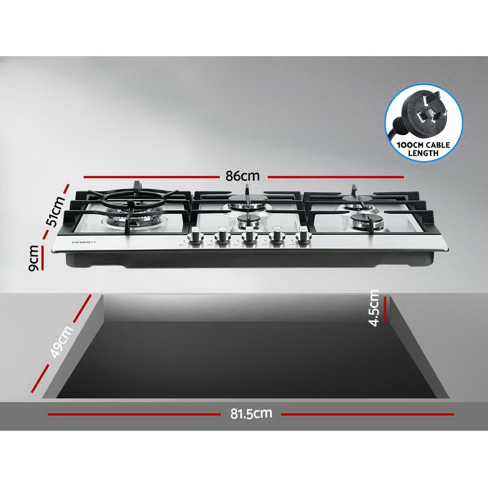 Devanti Gas Cooktop 90cm Kitchen Stove Cooker 5 Burner Stainless Steel NG/LPG Silver-Appliances &gt; Kitchen Appliances-PEROZ Accessories