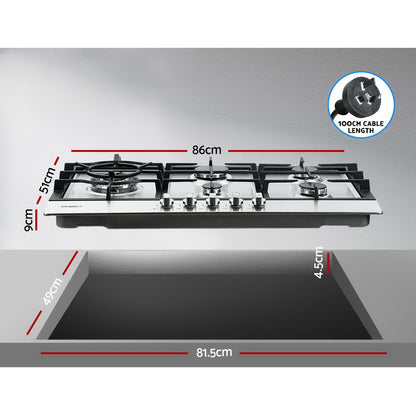 Devanti Gas Cooktop 90cm Kitchen Stove Cooker 5 Burner Stainless Steel NG/LPG Silver-Appliances &gt; Kitchen Appliances-PEROZ Accessories