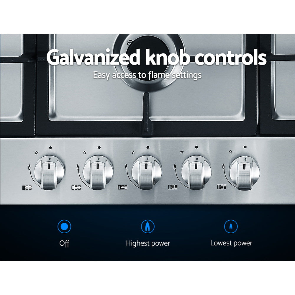 Devanti Gas Cooktop 90cm Kitchen Stove Cooker 5 Burner Stainless Steel NG/LPG Silver-Appliances &gt; Kitchen Appliances-PEROZ Accessories