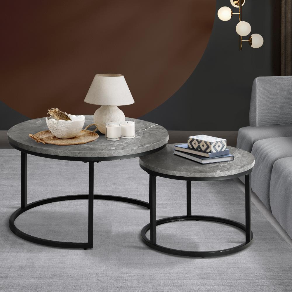 Oikiture Set of 2 Coffee Table Round Marble Nesting Side End Table Grey &amp; Black-Coffee Table-PEROZ Accessories