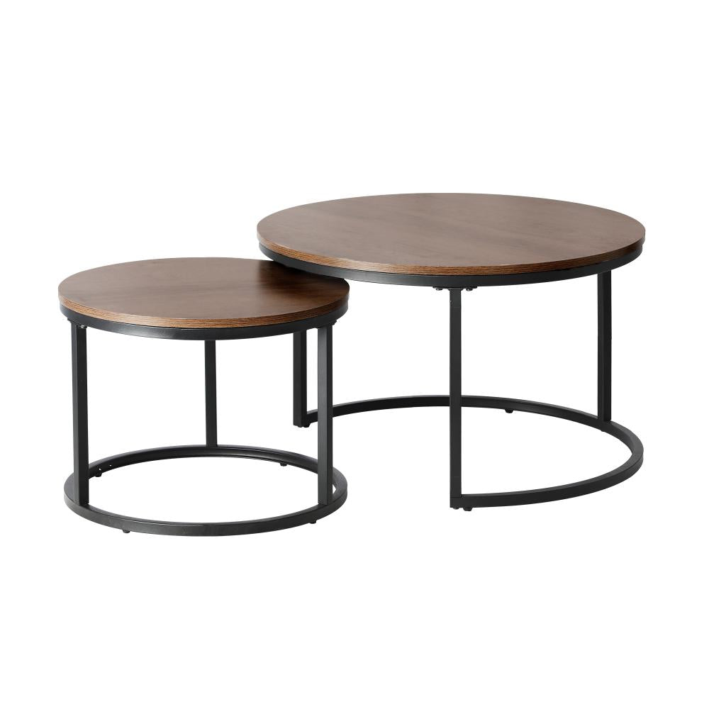 Oikiture Set of 2 Coffee Table Round Nesting Side End Table Walnut &amp; Black-Coffee Table-PEROZ Accessories