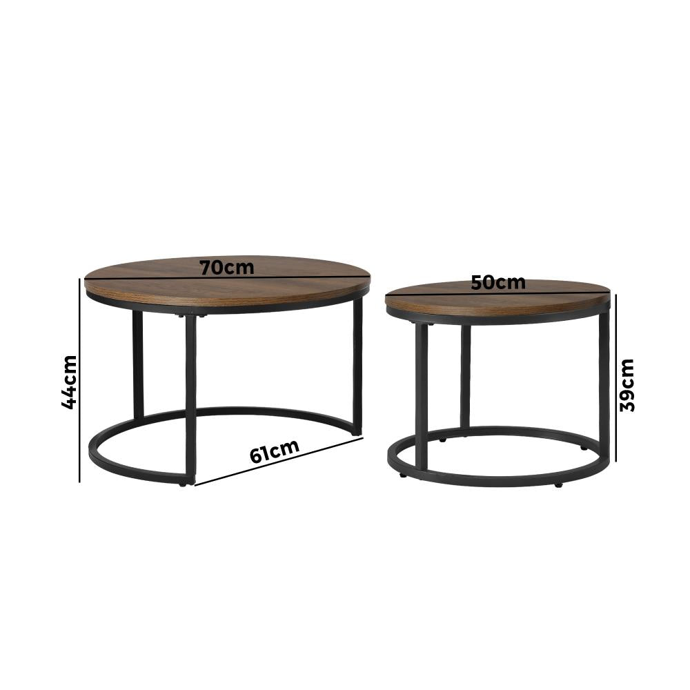 Oikiture Set of 2 Coffee Table Round Nesting Side End Table Walnut &amp; Black-Coffee Table-PEROZ Accessories