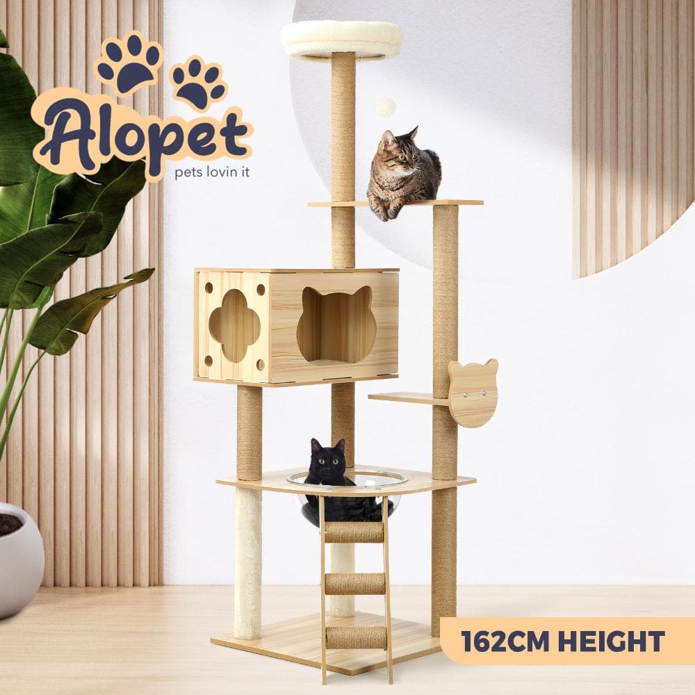 Alopet 162cm Wooden Cat Tree with Ladder, Cat Condo and Scratching Post Cat Tower-Cat Tree-PEROZ Accessories