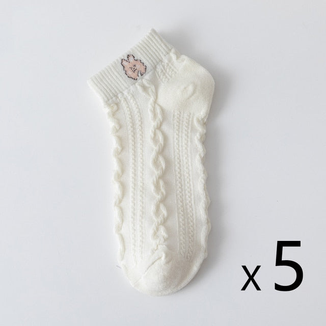 Anysox 5 Pairs One Size 35-40 Women Socks Summer Cute Cartoon Animal Rabbit Print White Female Casual Socks-Socks-PEROZ Accessories
