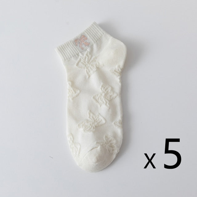 Anysox 5 Pairs One Size 35-40 Women Socks Summer Cute Cartoon Ribbon Print White Female Casual Socks-Socks-PEROZ Accessories