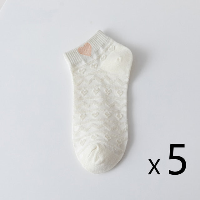 Anysox 5 Pairs One Size 35-40 Women Socks Summer Cute Cartoon Heart Print White Female Casual Socks-Socks-PEROZ Accessories