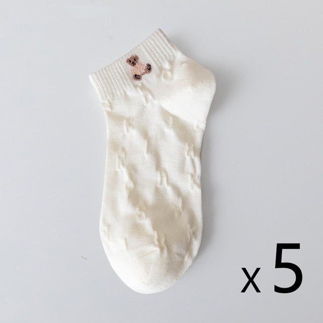 Anysox 5 Pairs One Size 35-40 Women Socks Summer Cute Cartoon Animal Bear Print White Female Casual Socks-Socks-PEROZ Accessories