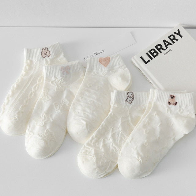 Anysox 5 Pairs One Size 35-40 Women Socks Summer Cute Cartoon Animal Rabbit Bear Cat Ribbon Heart Print White Female Casual Random Socks-Socks-PEROZ Accessories