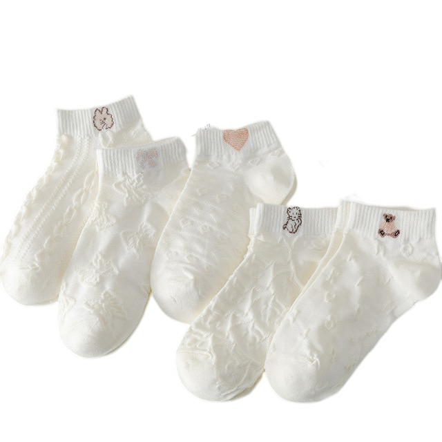Anysox 5 Pairs One Size 35-40 Women Socks Summer Cute Cartoon Animal Rabbit Bear Cat Ribbon Heart Print White Female Casual Random Socks-Socks-PEROZ Accessories