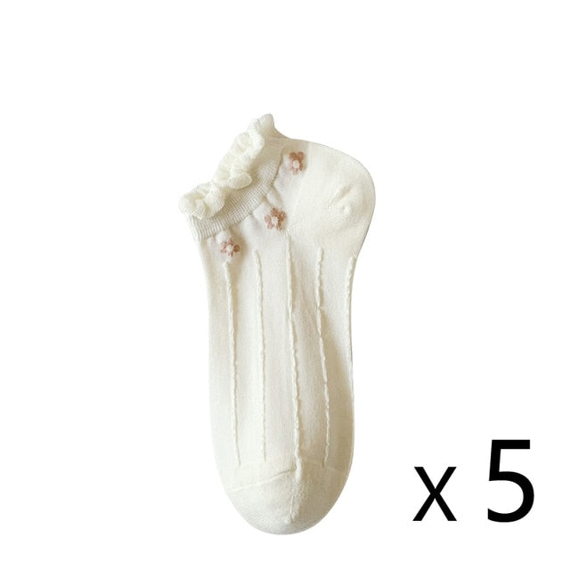 Anysox 5 Pairs One Size 35-40 Summer Short Boat Invisible Chaussette Flower Print Cotton Ankle Breathable Women Sock-Socks-PEROZ Accessories