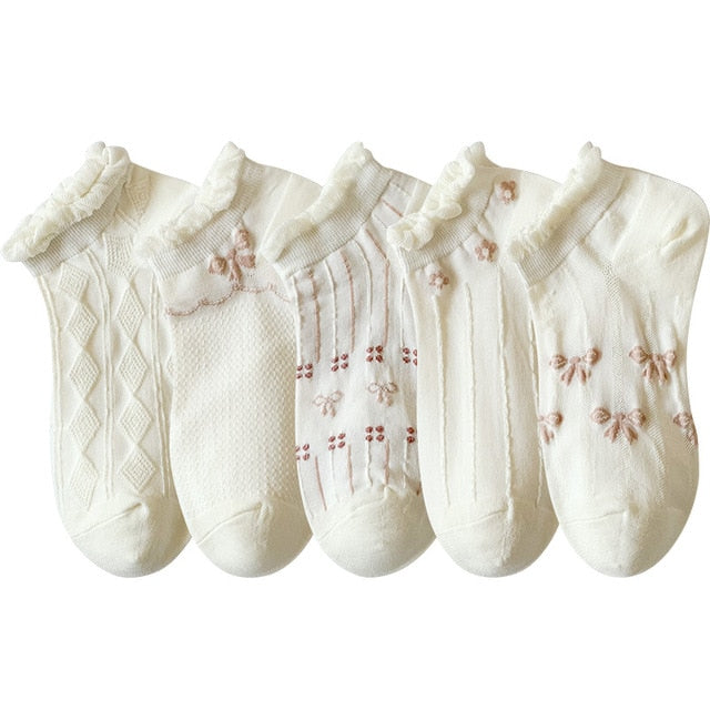 Anysox 5 Pairs One Size 35-40 Summer Short Boat Invisible Chaussette Diamond Wave Ribbon Flower Print Cotton Ankle Breathable Women Random Socks-Socks-PEROZ Accessories
