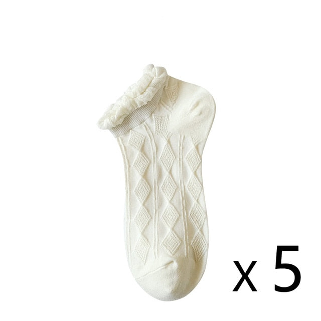 Anysox 5 Pairs One Size 35-40 Summer Short Boat Invisible Chaussette Diamond Wave Cotton Ankle Breathable Women Sock-Socks-PEROZ Accessories
