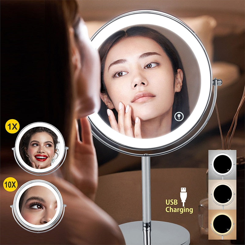 Anyvogue 7in Desktop Wall Mounted Smart LED Makeup Mirror Double Sided Touch Dimming Adjustable 7x Magnification USB Type-Makeup Mirror-PEROZ Accessories