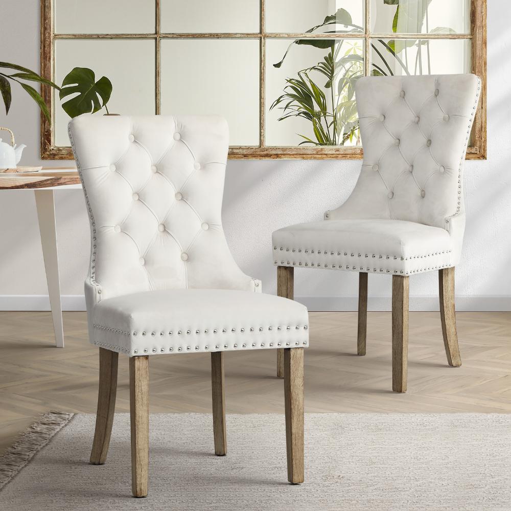 Oikiture Velert Dining Chair with Wooden Frame and French Tufted X2 Beige-Dining Chair-PEROZ Accessories