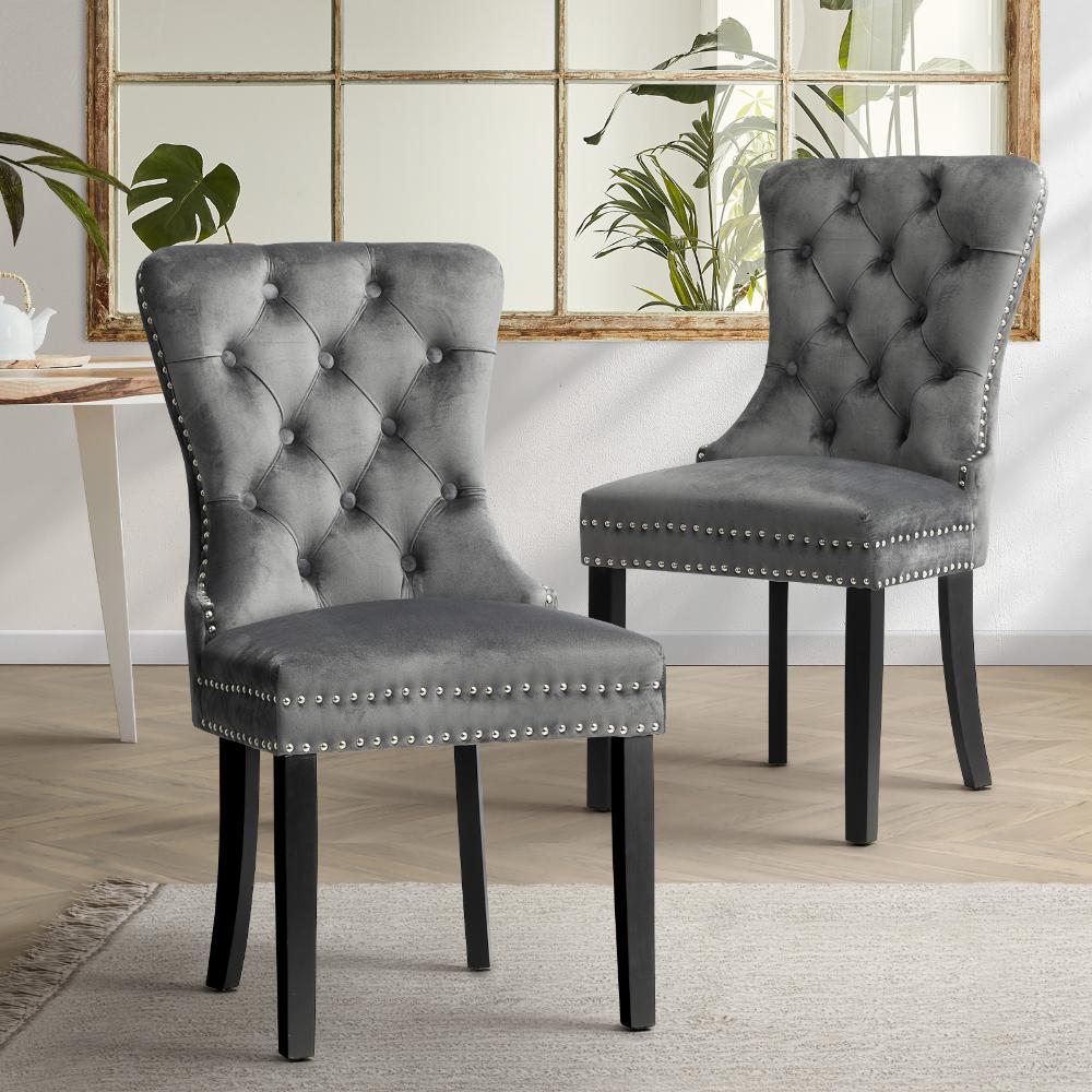 Oikiture Velert Dining Chair with Wooden Frame and French Tufted X2 Grey-Dining Chair-PEROZ Accessories