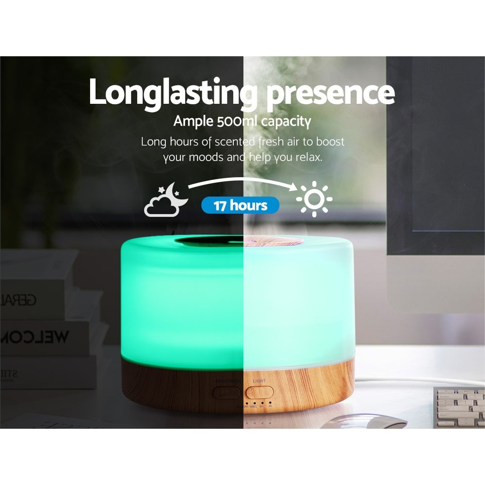 DEVANTI Aroma Diffuser Aromatherapy LED Night Light Air Humidifier Purifier Round Light Wood Grain 500ml Remote Control-Appliances &gt; Aroma Diffusers &amp; Humidifiers-PEROZ Accessories