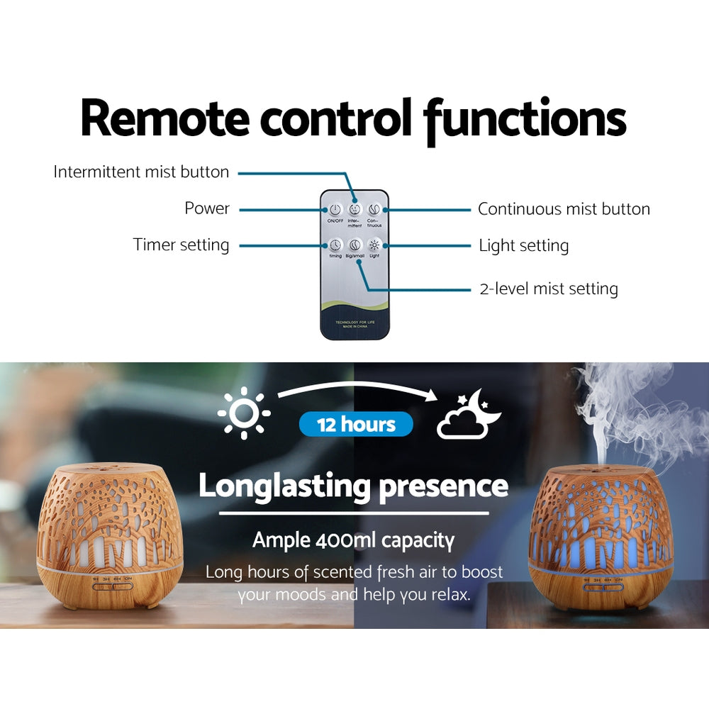 Devanti Aroma Diffuser Aromatherapy Humidifier Essential Oil Ultrasonic Cool Mist Wood Grain Remote Control 400ml-Appliances &gt; Aroma Diffusers &amp; Humidifiers-PEROZ Accessories