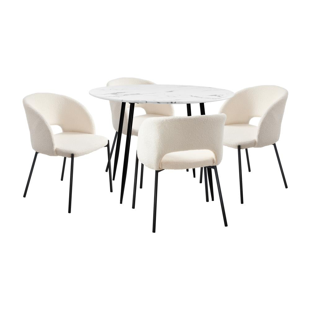 Oikiture 110cm Round Dining Table with 4PCS Dining Chairs Sherpa White |PEROZ Australia