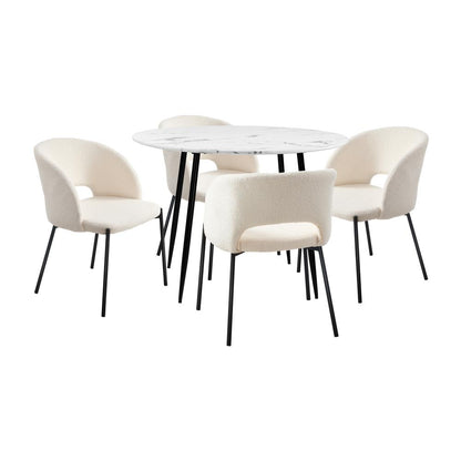 Oikiture 110cm Round Dining Table with 4PCS Dining Chairs Sherpa White |PEROZ Australia