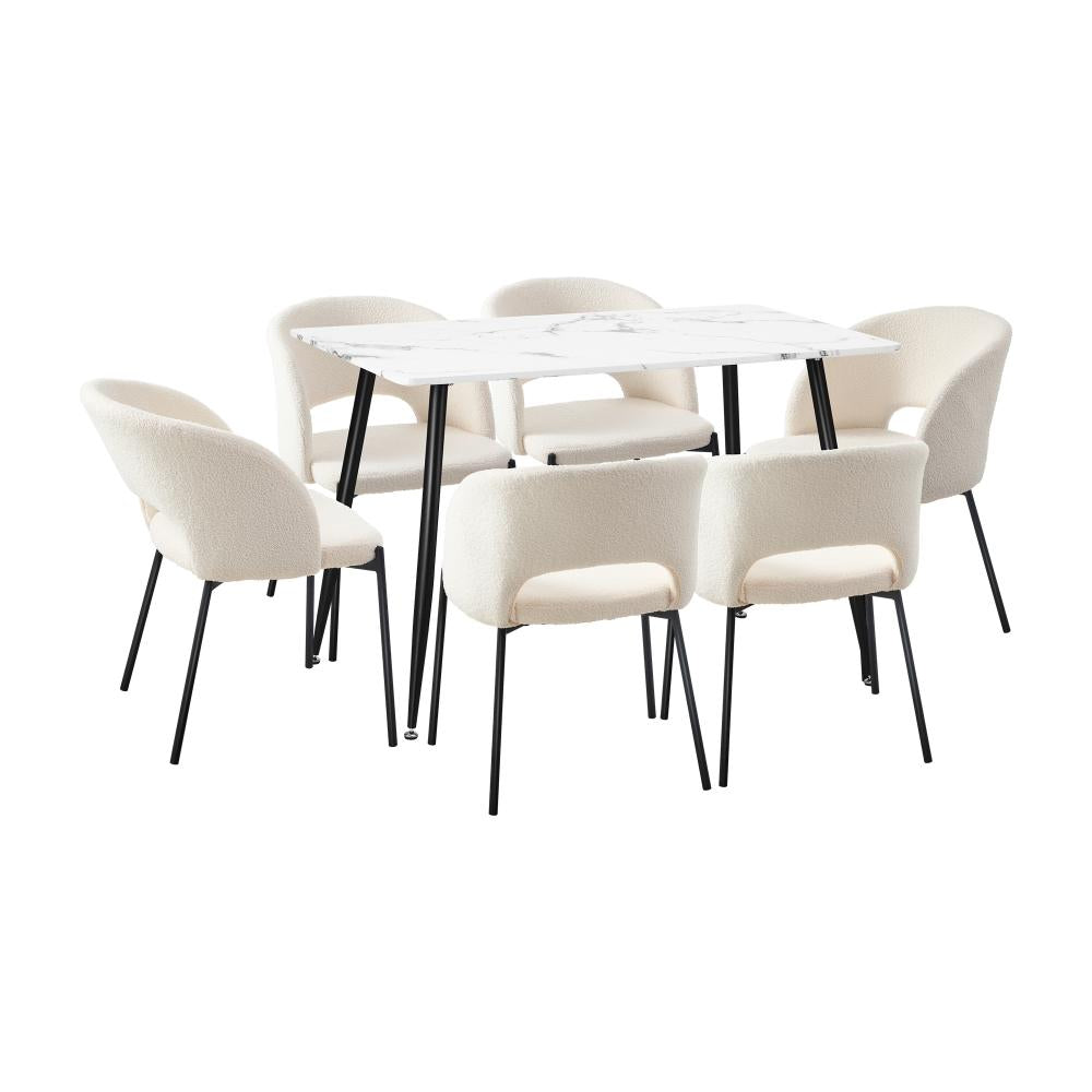 Oikiture 120cm Rectangle Dining Table with 6PCS Dining Chairs Sherpa White |PEROZ Australia