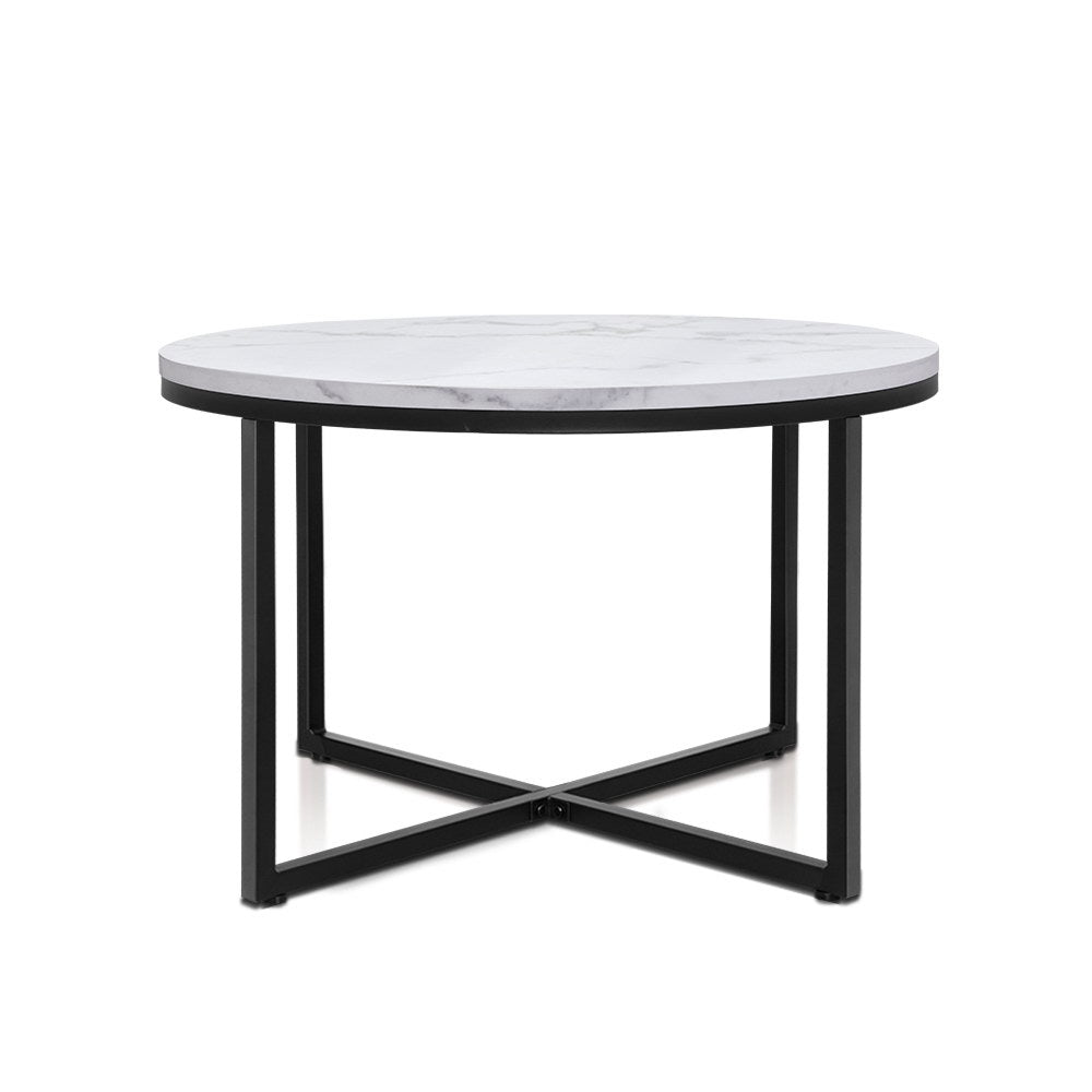 Artiss Coffee Table Marble Effect Side Tables Bedside Round Black Metal 70X70CM-Furniture &gt; Dining - Peroz Australia - Image - 1