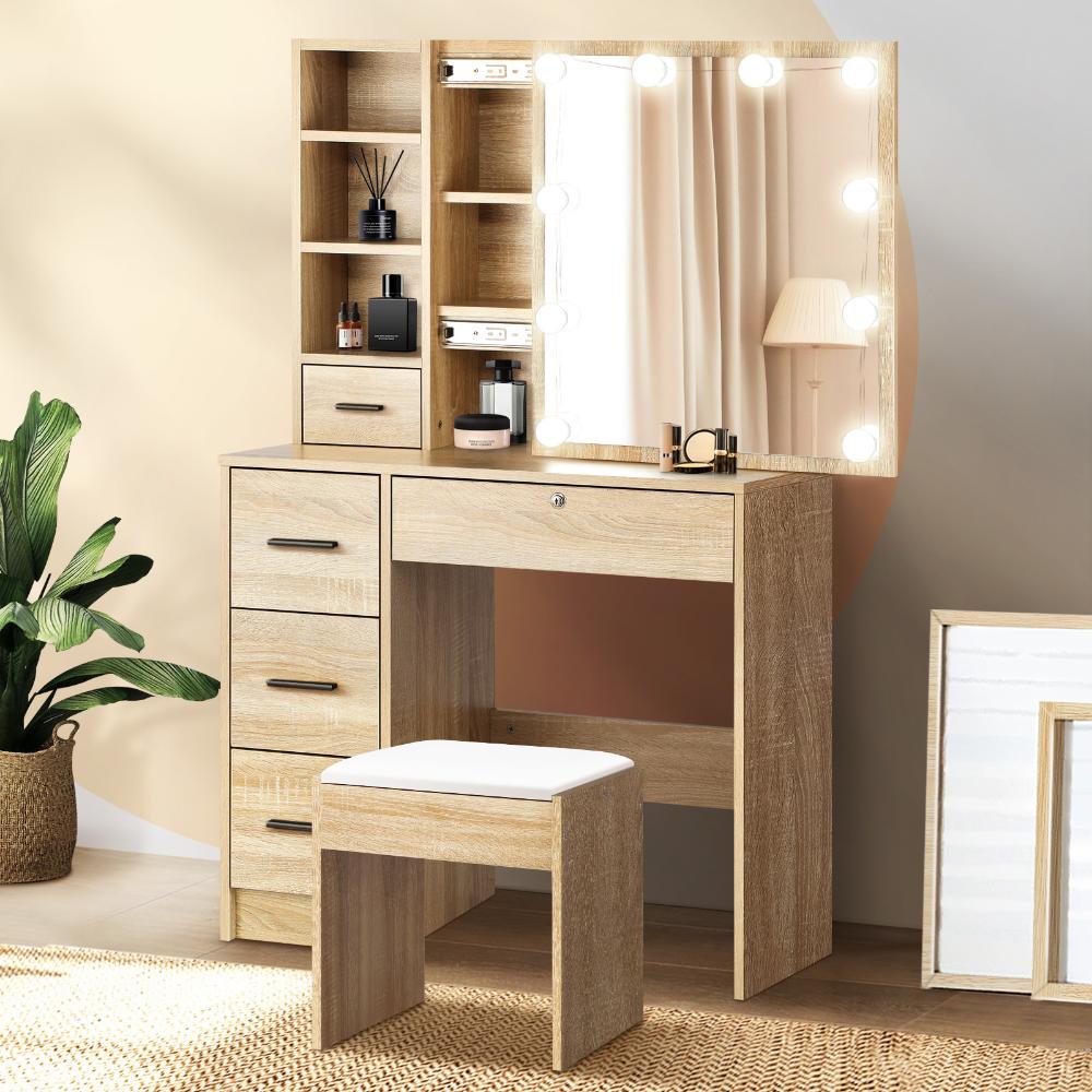 Oikiture Dressing Table Stool Set Makeup Slide Mirror Drawer 10 LED Bulbs Wooden-Dressing Table-PEROZ Accessories