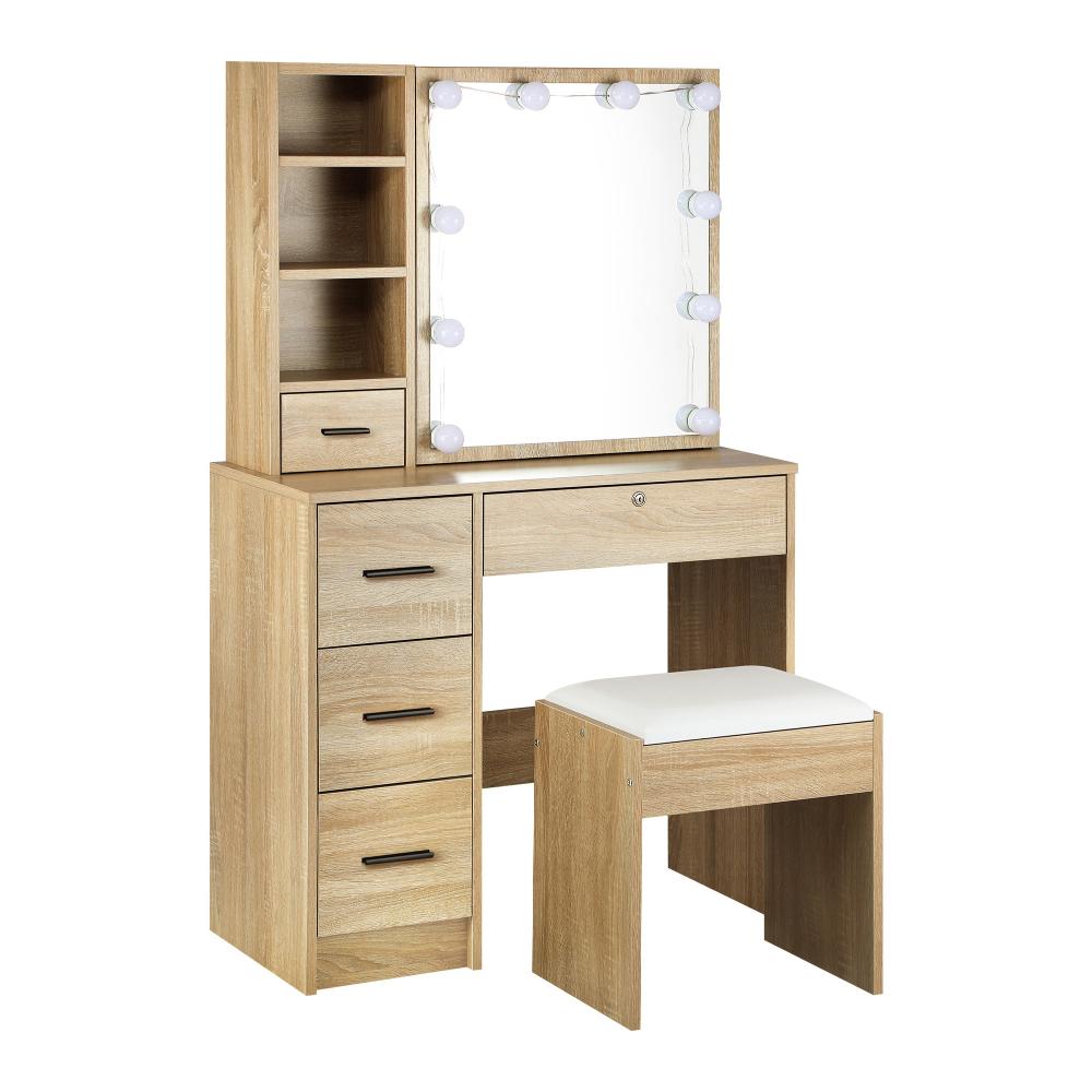 Oikiture Dressing Table Stool Set Makeup Slide Mirror Drawer 10 LED Bulbs Wooden-Dressing Table-PEROZ Accessories