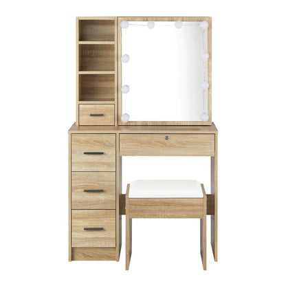 Oikiture Dressing Table Stool Set Makeup Slide Mirror Drawer 10 LED Bulbs Wooden-Dressing Table-PEROZ Accessories