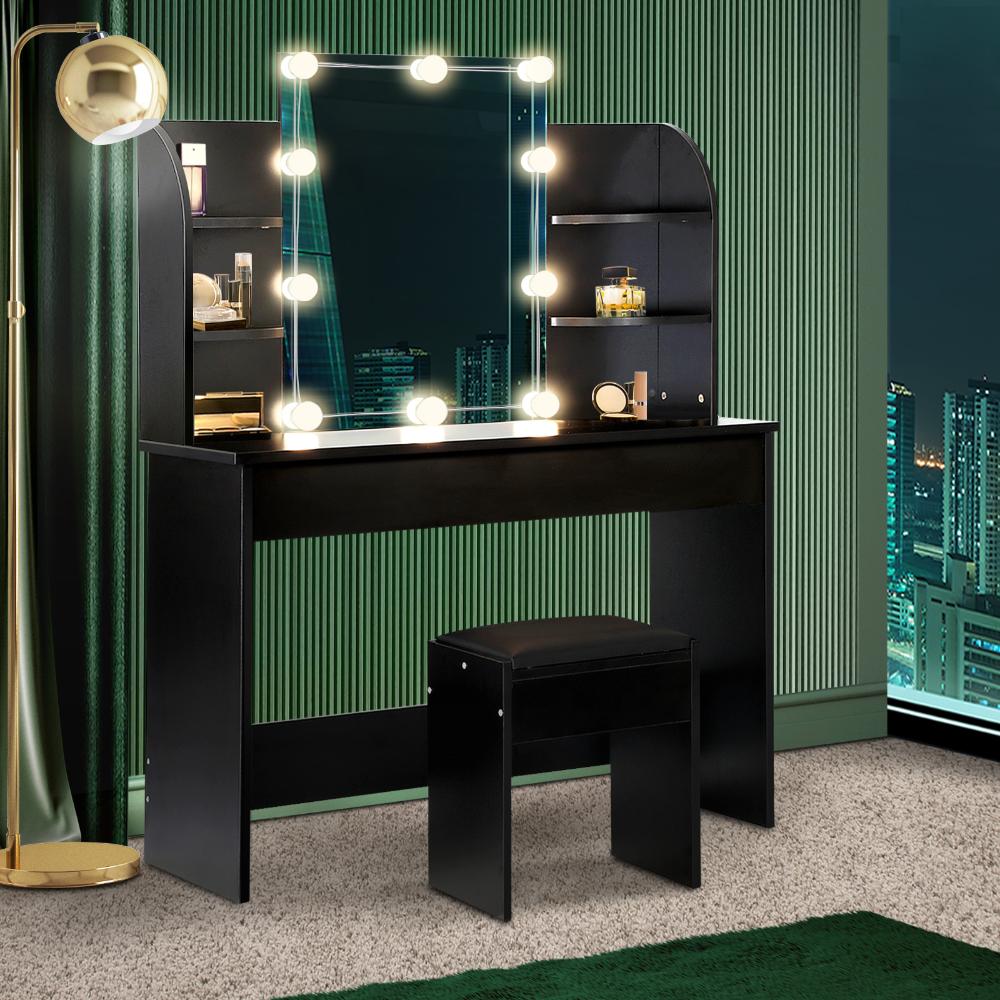 Oikiture Dressing Table Stool Set Makeup Mirror Storage Drawer 10LED Bulbs Black-Dressing Table-PEROZ Accessories
