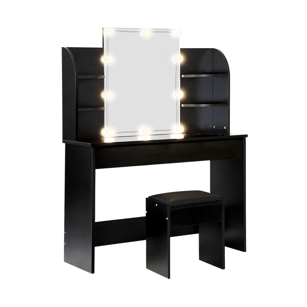 Oikiture Dressing Table Stool Set Makeup Mirror Storage Drawer 10LED Bulbs Black-Dressing Table-PEROZ Accessories