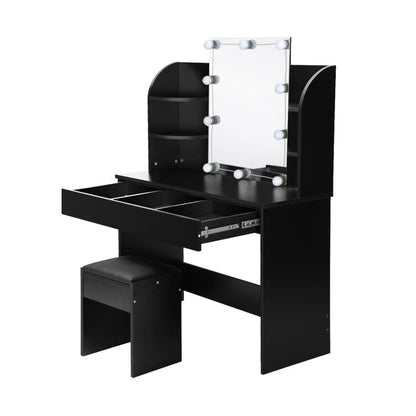 Oikiture Dressing Table Stool Set Makeup Mirror Storage Drawer 10LED Bulbs Black-Dressing Table-PEROZ Accessories