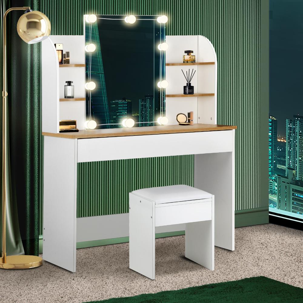 Oikiture Dressing Table Stool Set Makeup Mirror Storage Drawer 10 LED Bulbs-Dressing Table-PEROZ Accessories