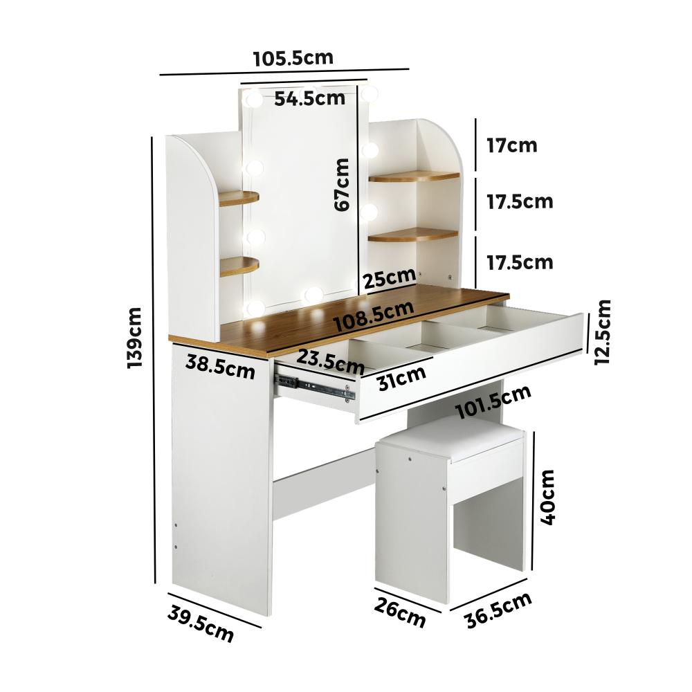 Oikiture Dressing Table Stool Set Makeup Mirror Storage Drawer 10 LED Bulbs-Dressing Table-PEROZ Accessories