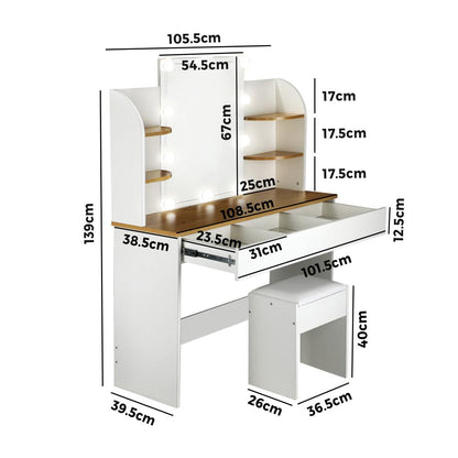 Oikiture Dressing Table Stool Set Makeup Mirror Storage Drawer 10 LED Bulbs-Dressing Table-PEROZ Accessories