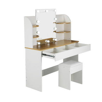 Oikiture Dressing Table Stool Set Makeup Mirror Storage Drawer 10 LED Bulbs-Dressing Table-PEROZ Accessories