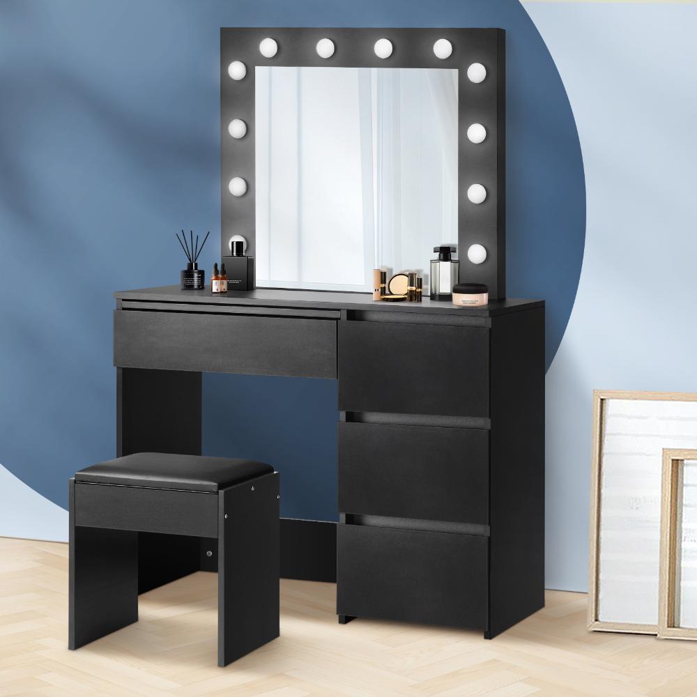 Oikiture Dressing Table Stool Set Makeup Desk Mirror Storage Drawer 12 LED Bulbs Black-Dressing Table-PEROZ Accessories