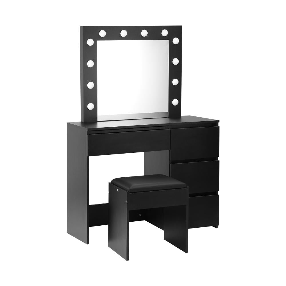 Oikiture Dressing Table Stool Set Makeup Desk Mirror Storage Drawer 12 LED Bulbs Black-Dressing Table-PEROZ Accessories